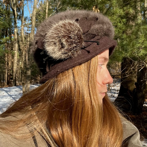 Y2K Angora Rabbit Fur Knit Hat + Genuine Fur Accent Brown - Picture 4 of 16